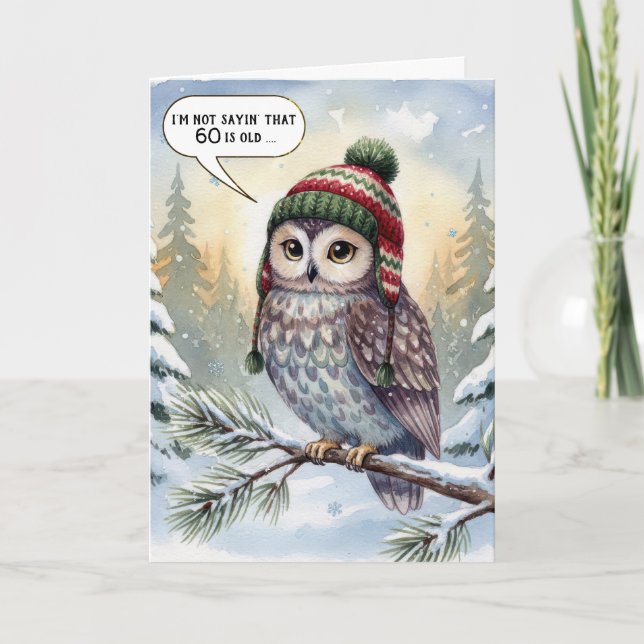 Cartão 60th Birthday Watercolor Owl In Winter Hat (Frente)