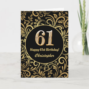 Cartão 61rua Aniversário Preto e Dourado Padrão Floral