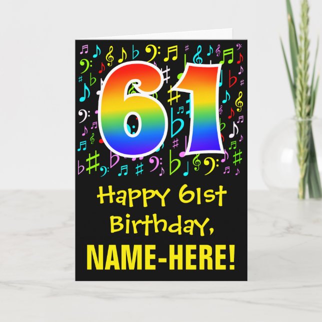 Cartão 61st Birthday: Colorful Music Symbols + Rainbow 61 (Frente)