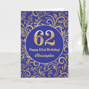 Cartão 62º Aniversário Marinho Azul e Dourado Padrão F