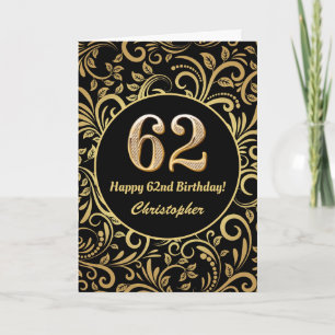 Cartão 62º Aniversário Padrão Floral Dourado e Preto
