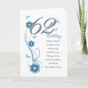 Cartão 62.º aniversário em negação com flores e borboleta