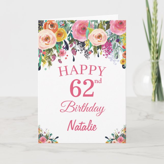 Cartão 62nd Birthday Watercolor Floral Flowers Pink Card (Frente)