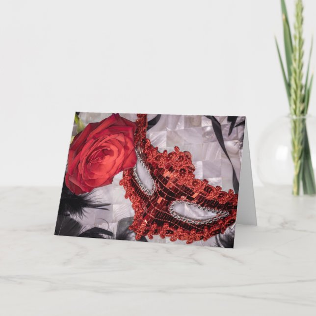 Cartão 6439-Rosa vermelha com máscara de Mascarada vermel (Frente)