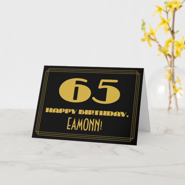 Cartão 65.º Aniversário: Nome + Art Deco Inspiraram "65" (Flor Amarela)