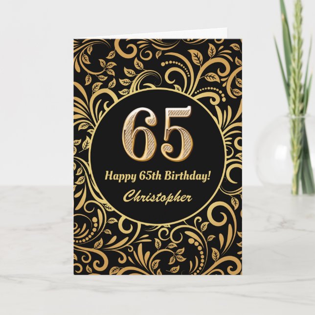 Cartão 65.º Aniversário Padrão Floral Dourado e Preto (Frente)