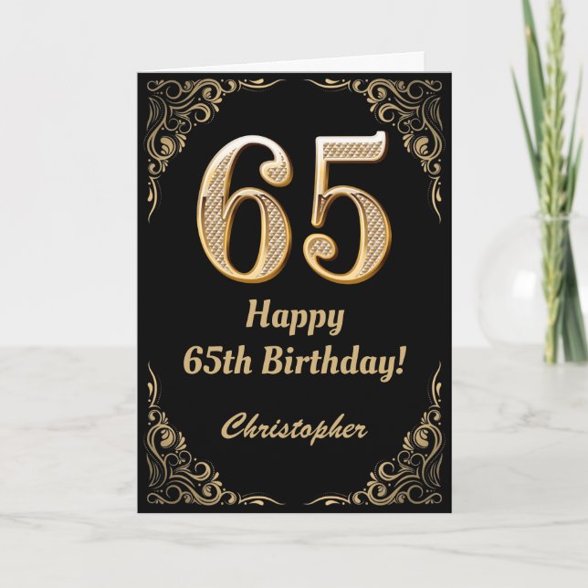 Cartão 65.º aniversário - Quadro negro e Dourado com bril (Frente)