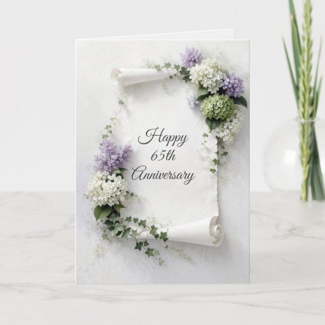 Cartão 65th Anniversary Scroll Lilacs and Hydrangeas  (Frente)