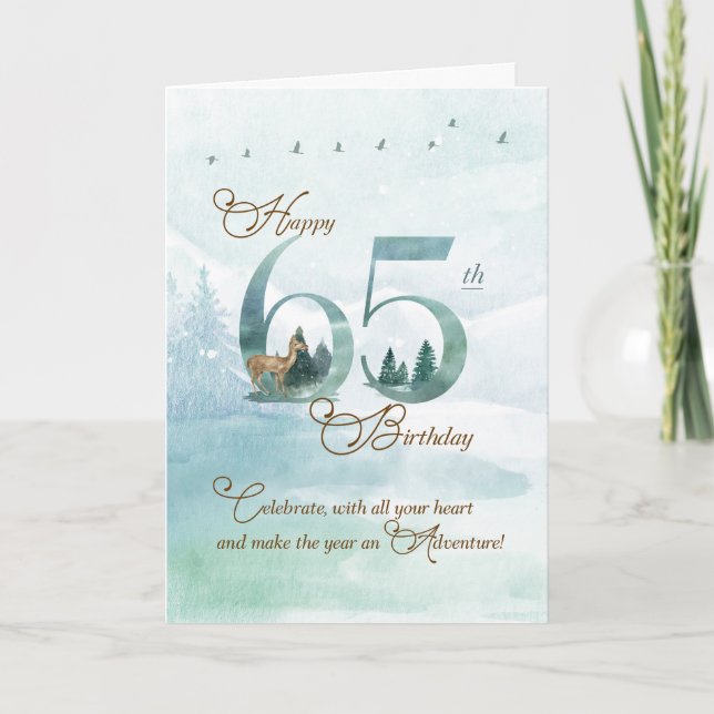 Cartão 65th Birthday Evergreen Pines and Deer Nature (Frente)