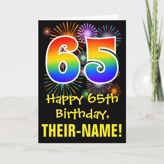 Cartão 65th Birthday: Fun Fireworks Pattern + Rainbow 65 (Frente)