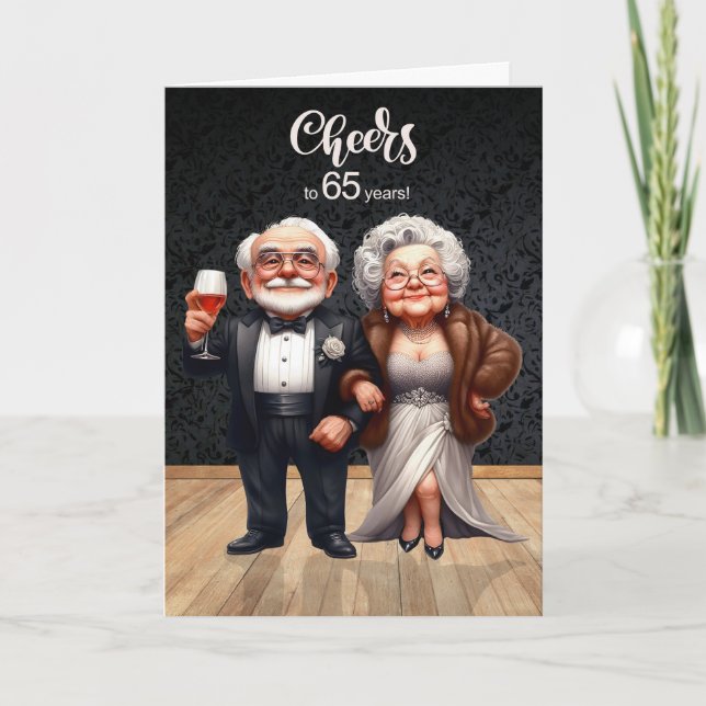 Cartão 65th Wedding Anniversary Funny Old Couple Cheers (Frente)