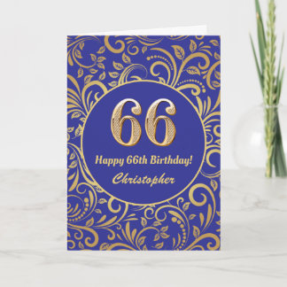 Cartão 66º Aniversário Marinho Azul e Dourado Padrão Flor