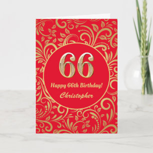 Cartão 66.º Aniversário, Vermelho e Dourado Padrão Flo