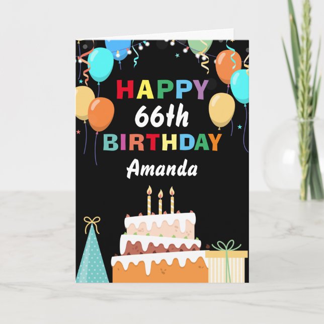 Cartão 66th Happy Birthday Colorful Balloons Cake Black (Frente)