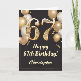 Cartão 67.º aniversário Balões Negros e Dourados Confetti