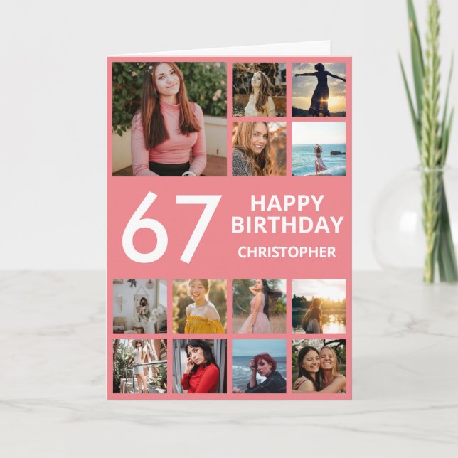 Cartão 67.º Aniversário Colagem de Fotos 13 Fotos Rosa e  (Frente)
