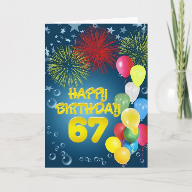 Cartão 67th Birthday card with fireworks and balloons (Frente)