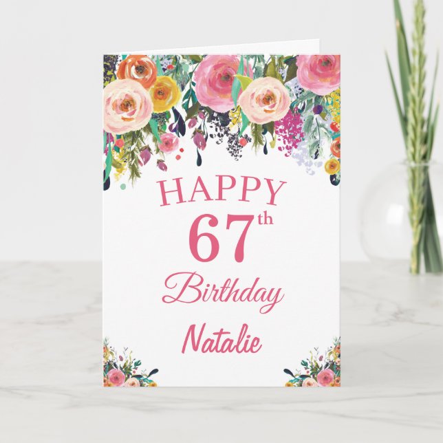 Cartão 67th Birthday Watercolor Floral Flowers Pink Card (Frente)