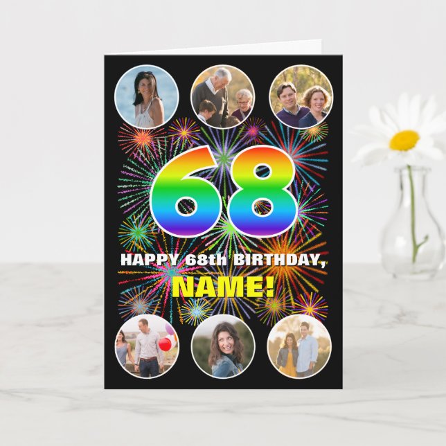 Cartão 68.º aniversário: Divertido Rainbow #, nome person (Planta pequena)