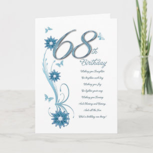 Cartão 68.º aniversário em xeque com flores e borboleta