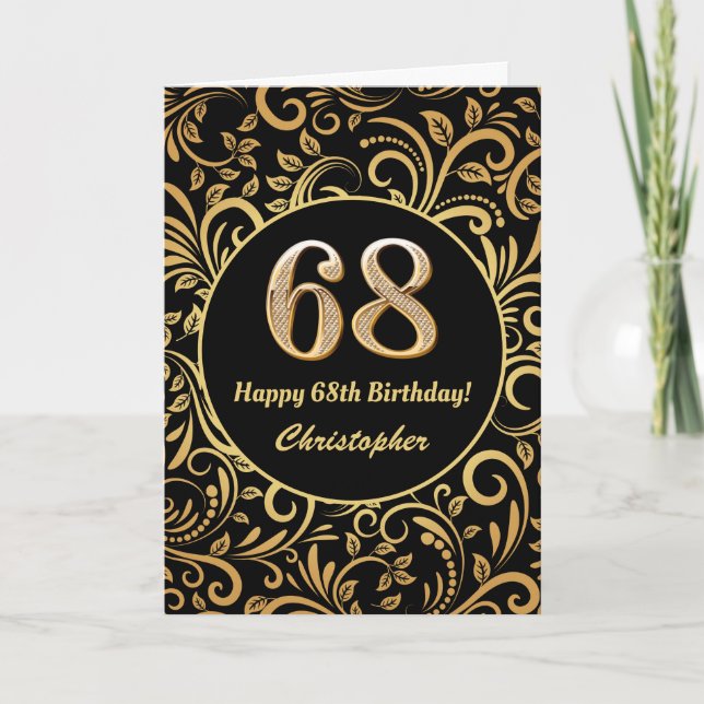 Cartão 68.º Aniversário - Padrão Floral Dourado e Preto (Frente)