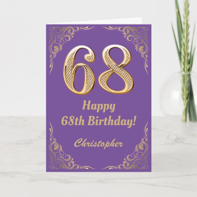 Cartão 68.º aniversário, Roxo e Dourado quadro de brilho (Frente)