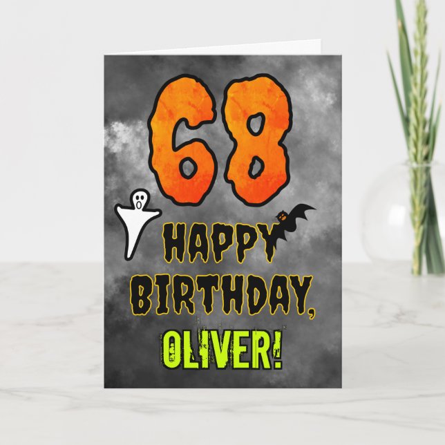 Cartão 68.º aniversário: Tema de Eerie Halloween + Nome P (Frente)