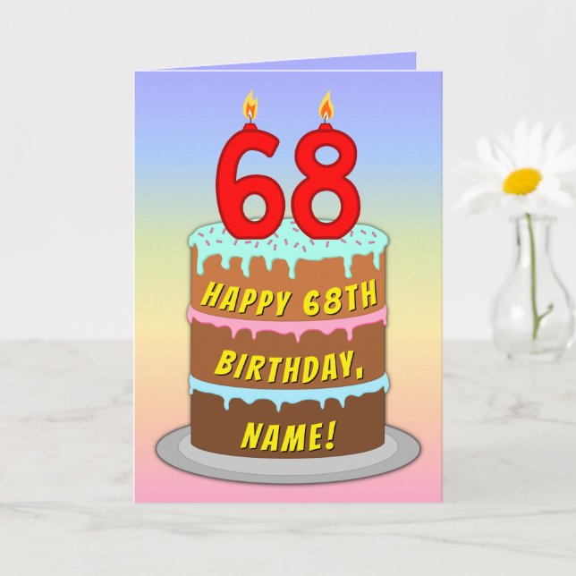 Cartão 68th Birthday — Fun Cake & Candles, w/ Custom Name (Planta pequena)