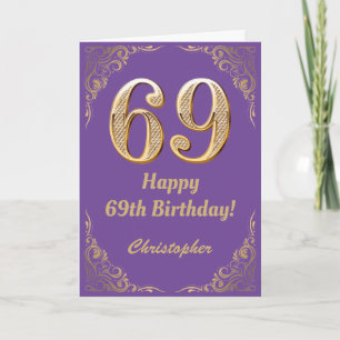 Cartão 69.º aniversário, Roxo e Dourado quadro de brilho
