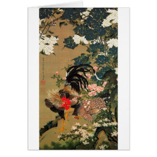Cartão 6. 紫陽花双鶏図, Hydrangea do 若冲 e galo,
