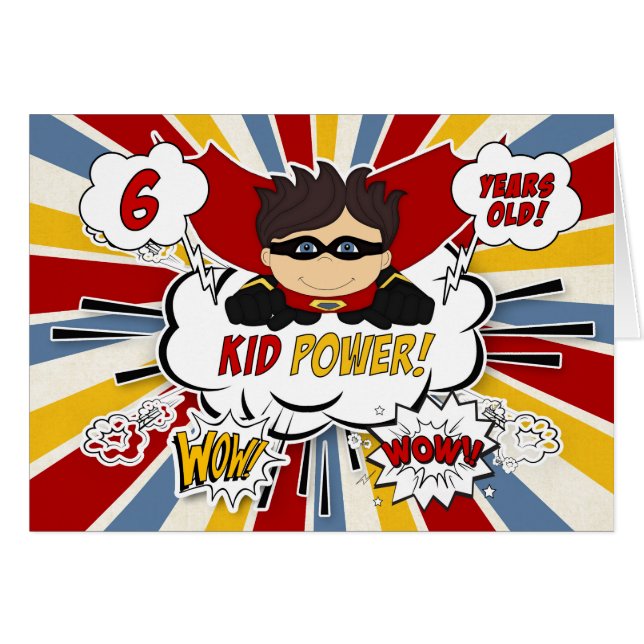 Cartão 6 Aniversário para Meninos Super Crianças Red Comi (Frente Horizontal)