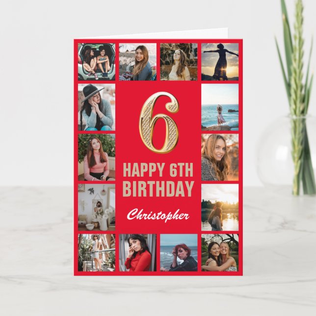 Cartão 6 Happy Birthday Red and Dourado Photo Collage (Frente)
