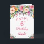 Cartão 6th Birthday Watercolor Floral Flowers Pink Card<br><div class="desc">6th Birthday Watercolor Floral Flowers Pink Card with personalized name and age. For further customization,  please click the "Customize it" button and use our design tool to modify this template.</div>