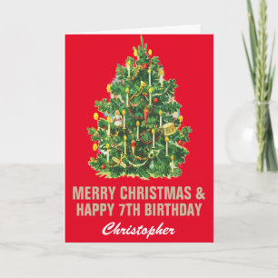 Cartão 7º Aniversário Feliz e Feliz Natal Vermelho e Dour