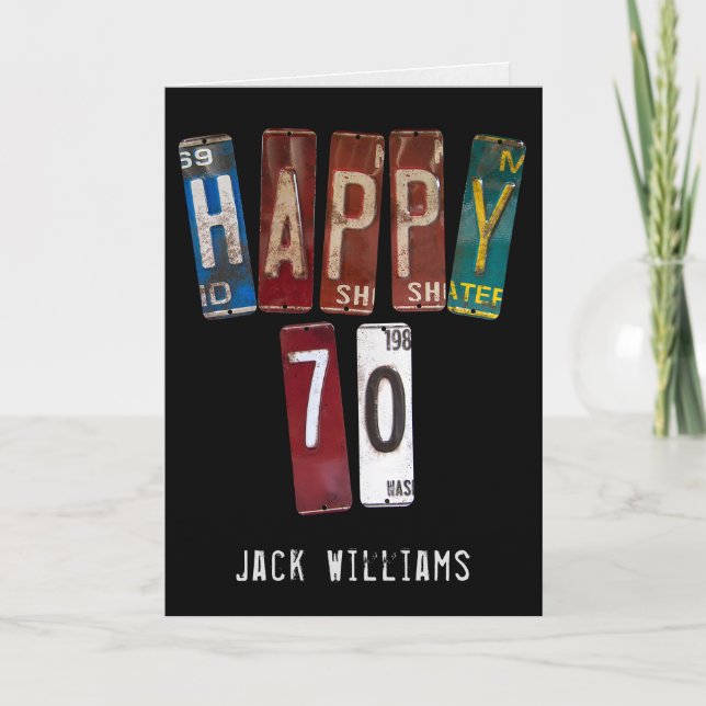 Cartão 70 aniversário de antigas placas de carros (Frente)