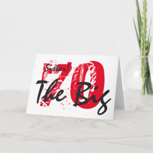 Cartão 70 Aniversário para irmã, preto, texto vermelho, b