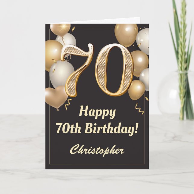 Cartão 70 Birthday Black and Dourado Balloons Confetti (Frente)
