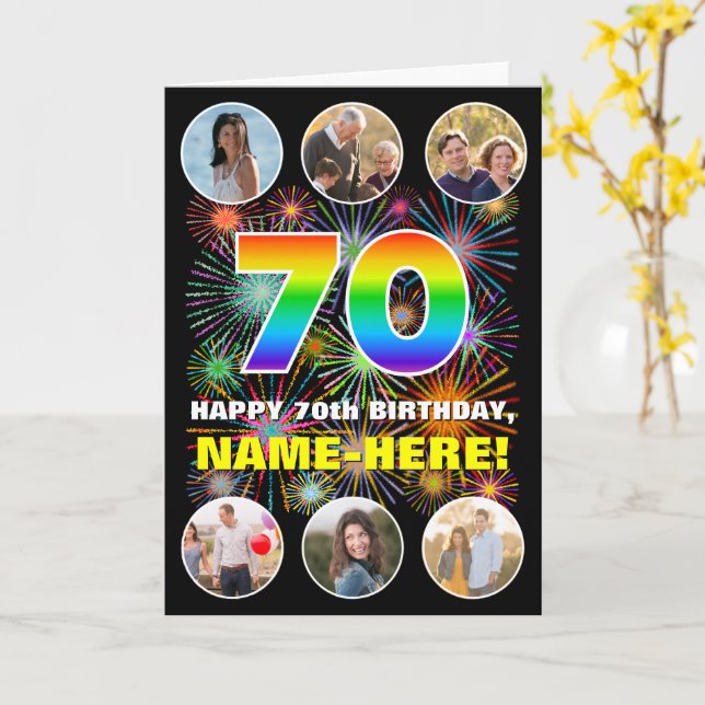 Cartão 70 Birthday: Rainbow # divertido, nome personaliza (Flor Amarela)