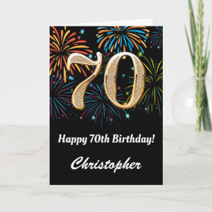 Cartão 70 Birthday Rainbow Fireworks Black and Dourado