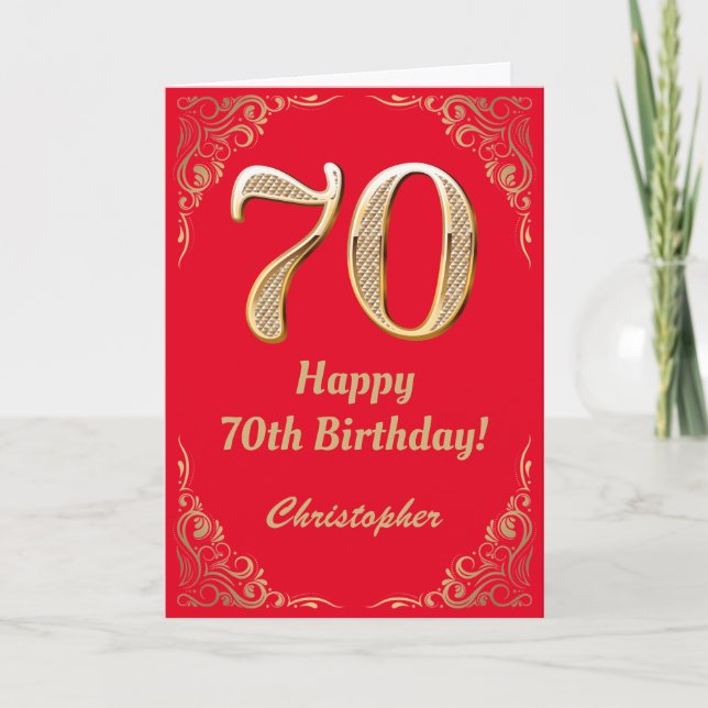 Cartão 70 Birthday Red and Dourado Glitter Frame (Frente)