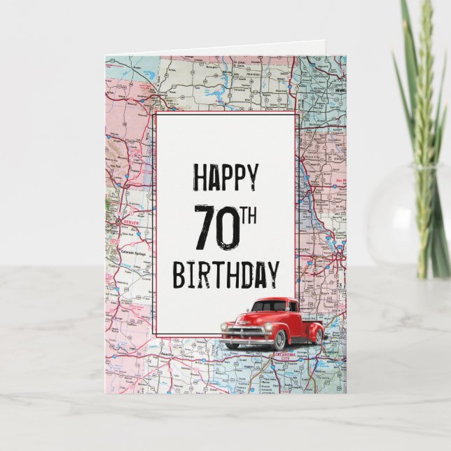 Cartão 70 Birthday Red Retro Truck no Mapa (Frente)