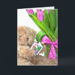 Cartão 70 Birthday Teddy Ursinho com buquê de tulipas<br><div class="desc">Ursinho de pelúcia castanho com buquê de tulipas cor-de-rosa com cartão de saudação para parabéns de 70 de aniversário</div>