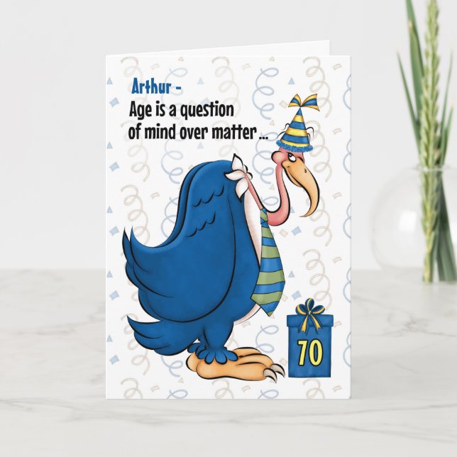 Cartão 70 Funny Birthday Blue Buzzard com nome (Frente)