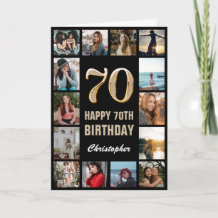 Cartão 70 Happy Birthday - Colagem de Fotos Dourada e Pre
