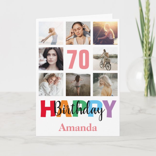 Cartão 70 Happy Birthday Photo Collage Modern Pink Card (Frente)