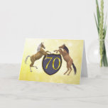 Cartão 70 years old birthday card with rearing horses<br><div class="desc">Rearing horses with a heraldic shield.. See the whole range cards in my store. http://www.zazzle.com/eggznbeenz</div>