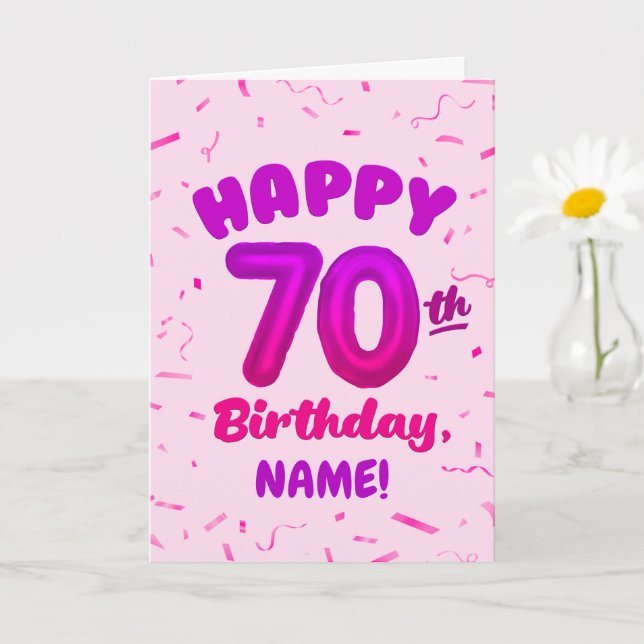 Cartão 70th Balloon Number Custom Name Birthday Card (Planta pequena)