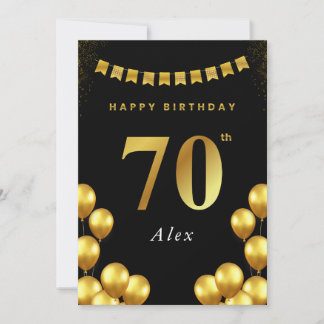 Cartão 70th Birthday Card Black and Gold Balloons