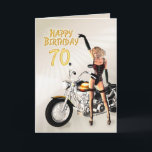 Cartão 70th Birthday card with a motorbike girl<br><div class="desc">A girl with a motorcycle pointing at the Happy Birthday message.. A great card for the man who loves his bikes!</div>