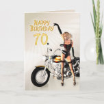 Cartão 70th Birthday card with a motorbike girl<br><div class="desc">A girl with a motorcycle pointing at the Happy Birthday message.. A great card for the man who loves his bikes!</div>